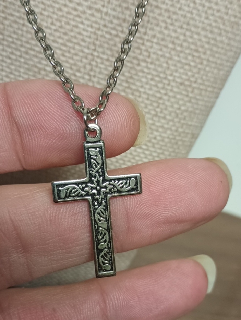 Ornate Silver-Tone Cross Pendant Necklace